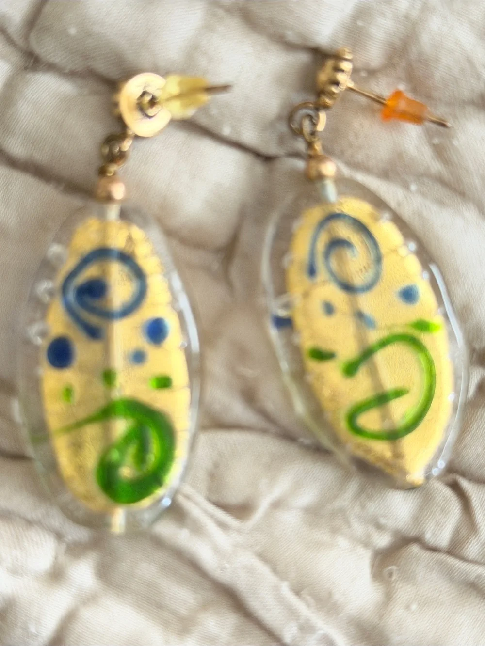 Exquisite blown glass pierced earrings post style gold lime green cobalt blue